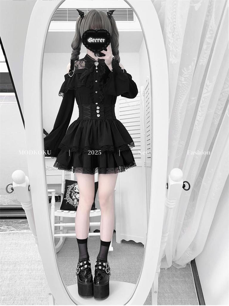 Lolita Kleid mit Prinzessin Gothic Lolita Stilvoll Große Größe L [MODKOKU] Damen Off-Shoulder Ärmel, Massenware Spitze, Stil, Rüschen, Schnürung