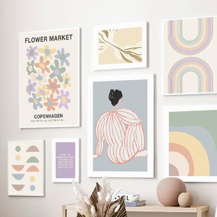 Flower Market Curve Girl Rainbow Abstract Posters Prints Canvas Painting Nordic Wall Art Pictures For Living Room Home Decor