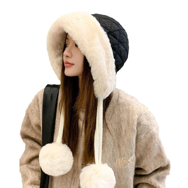 Winter Women's Cute Korean Style Fleece-Lined Thickened Warm Plush Earflap Cold-Resistant Down Cycling Hat