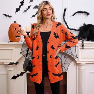 European and American Autumn and Winter Sweater Women's Clothing Halloween Pumpkin Embroidery Retro Polka Dot Long-sleeved Knitted Sweater Women