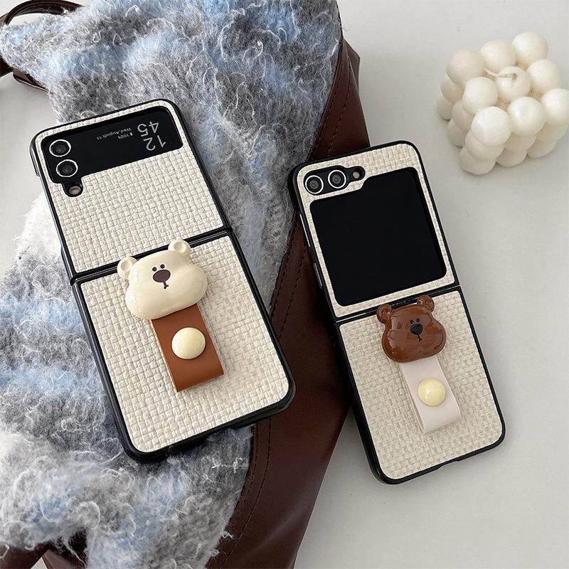 Bear Ring Buckle Mobile Phone Case for Samsung Zflip6 Folding Screen Flip Zflod Leather Case Pocket2 Light Luxury