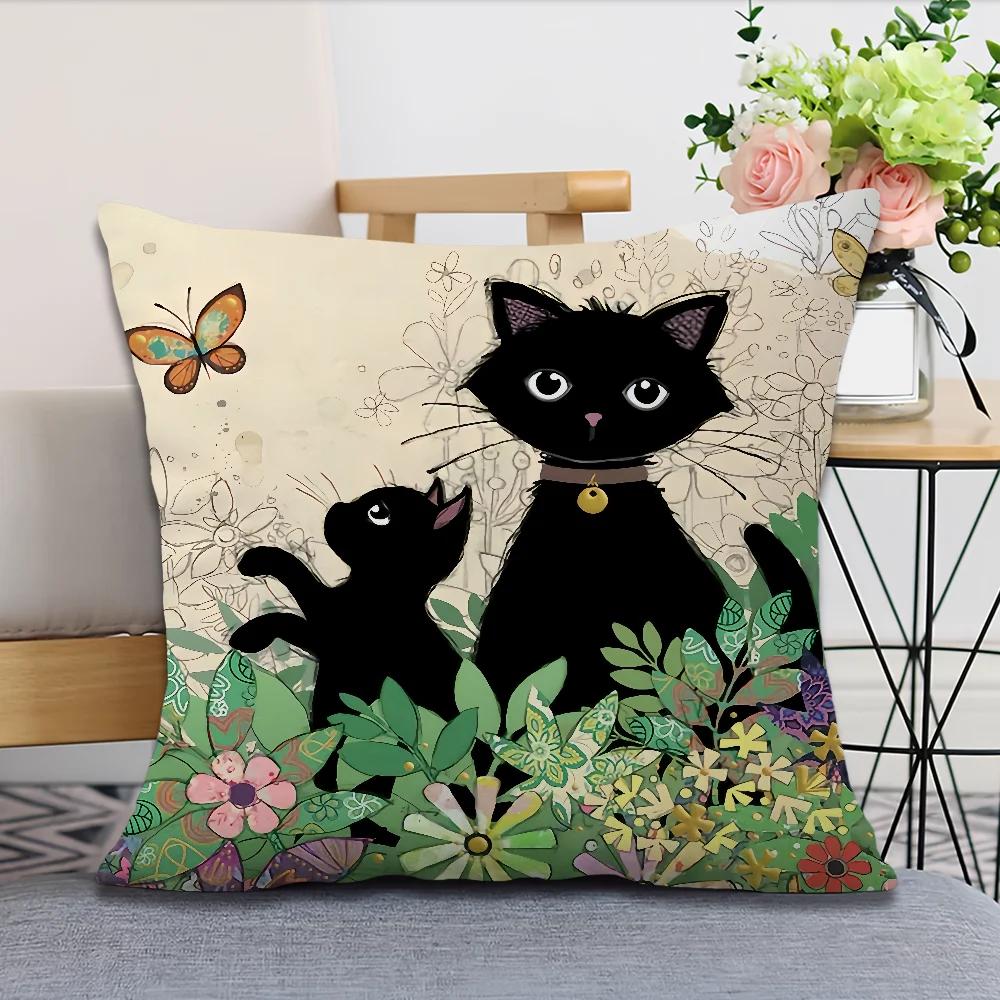 Cute Black Cat Printed Pillowcases Office Car Sofa Bed Cushion Cover Home Bedroom Decoration