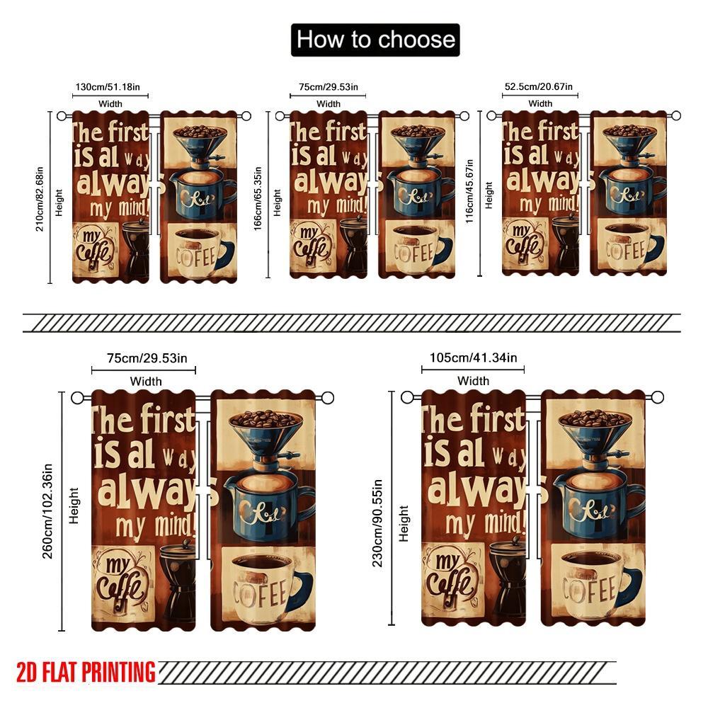 2pcs,2D Plane Printing Minimalist Curtains Coffee Thoughts Polyester Easy Install (without Rod) Festive Use for Bedroom, Living