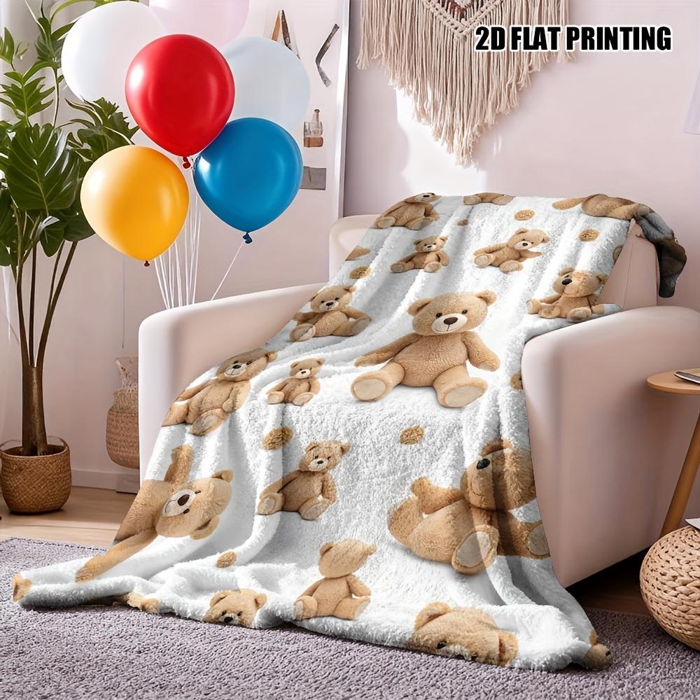 1Pc  Cute Brown Teddy Bear Print Flannel Throw Blanket Soft Cozy Warm Blanket For Bedroom Living Room Home Decor