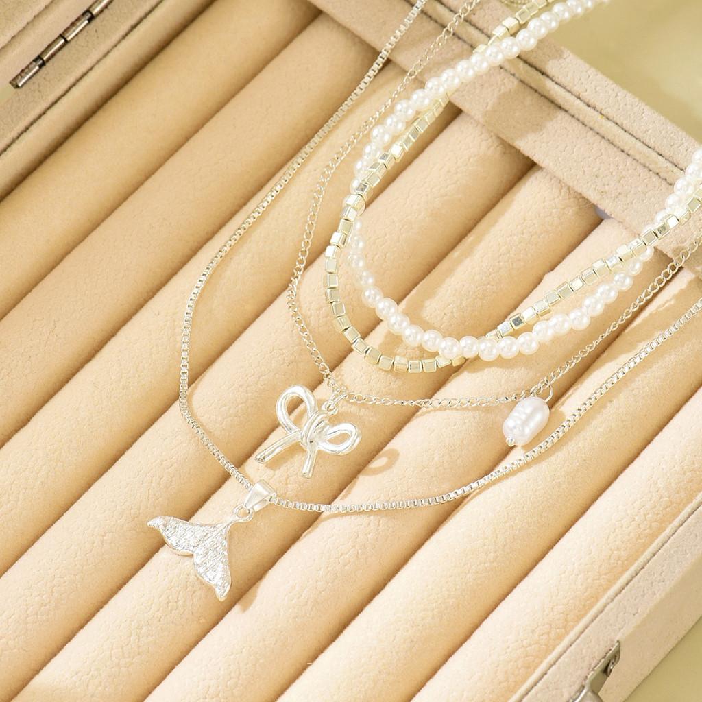 Schmetterlingsschleife Anhänger Halskette Mit Künstlicher Perle Mehrschichtige Kette Für Damen Und Herren