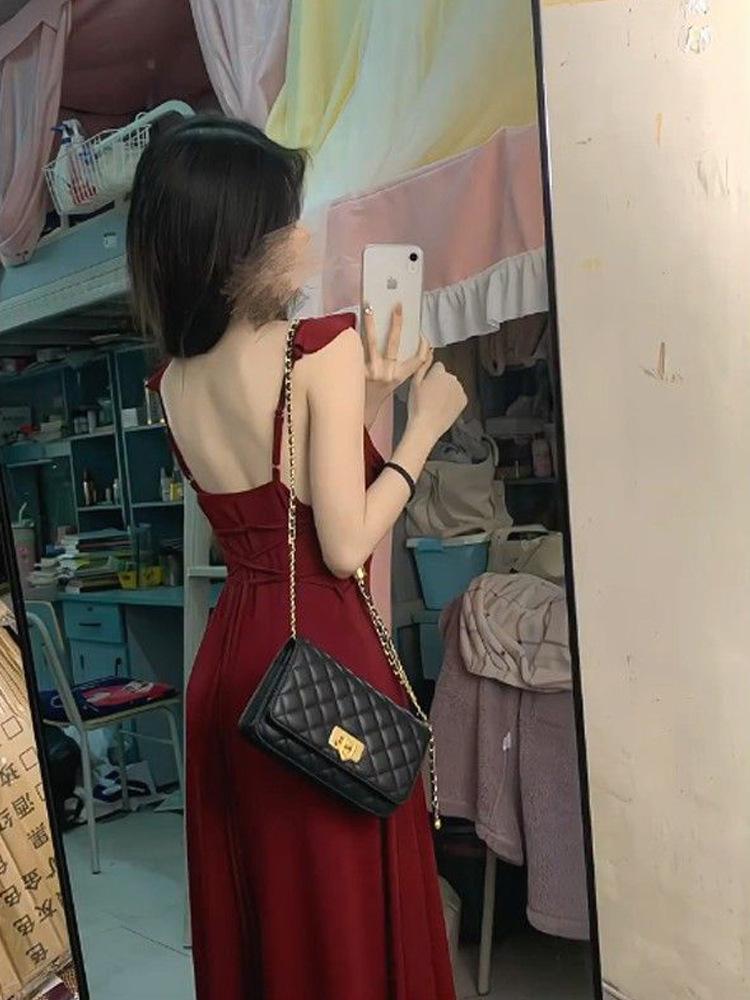 Red Backless Strap Dress - Women's Sexy Summer A-Line Midi, Waist-Cinched, Slim-Fit Skirt