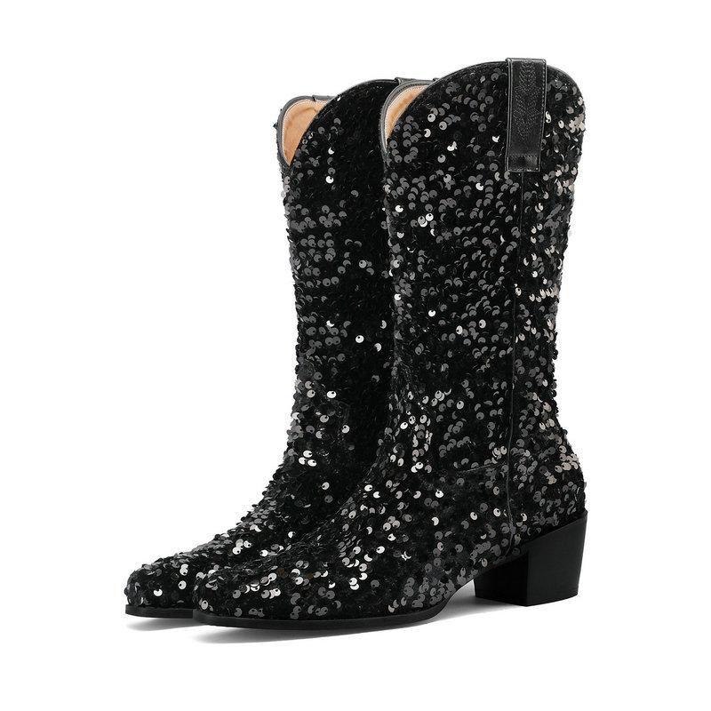 

Женские сапоги в стиле пастушки, блестящие блестящие туфли с блестками, женские полусапожки, ковбойские сапоги в стиле вестерн 43 чёрный