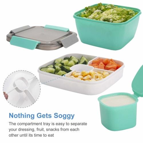 Freshmage 56oz Lunch Container To Go - Salad Bowl with 3 Compartments and Dressing Container for Toppings and Snacks - Unisex (Green)
