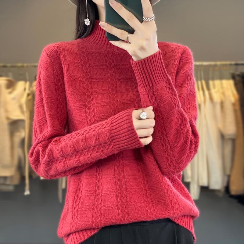 Women's Loose Thickened Mid-Neck Wool Knitwear - Autumn/Winter Long Sleeve Base Layer Sweater