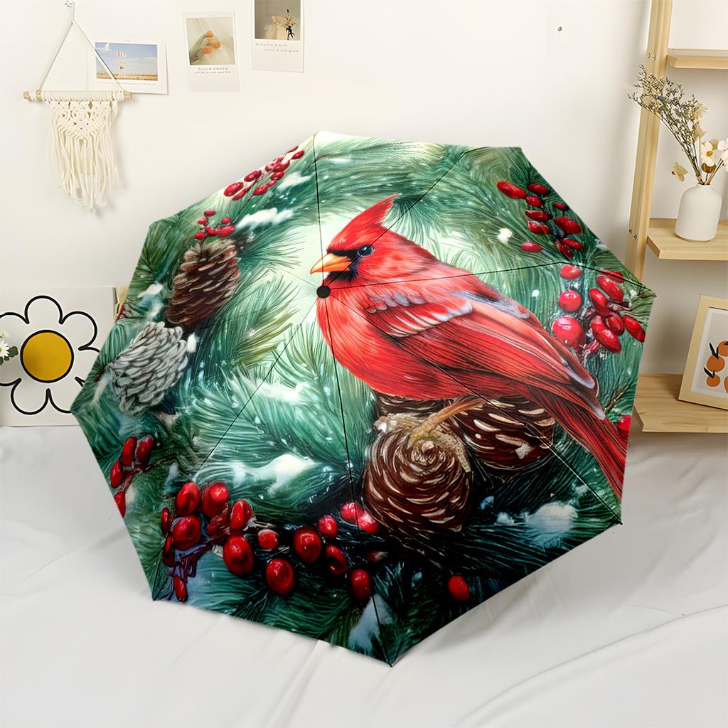 Winter Wonderland A Cardinal Amidst Pine Needles And Berries Outdoor Automatic Umbrella Folding Umbrella With 8 Ribs Lightweight For Outdoor Daily Use