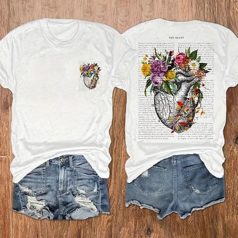 

Women Summer T Shirt Retro Fashion Short Sleeve Tees Casual Flower Printed Tops XS білий