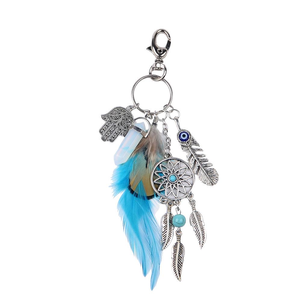 Natural Crystal Agate Feather Alloy Dream Catcher Keychain for Women's Bags