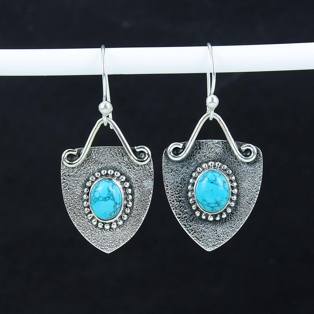 Natürliche Türkis Edelstein Ohrringe, 925 Sterling Silber Ohrringe, Handgemachte Boho Silber Schmuck Ohrhänger, Verlobungsgeschenk