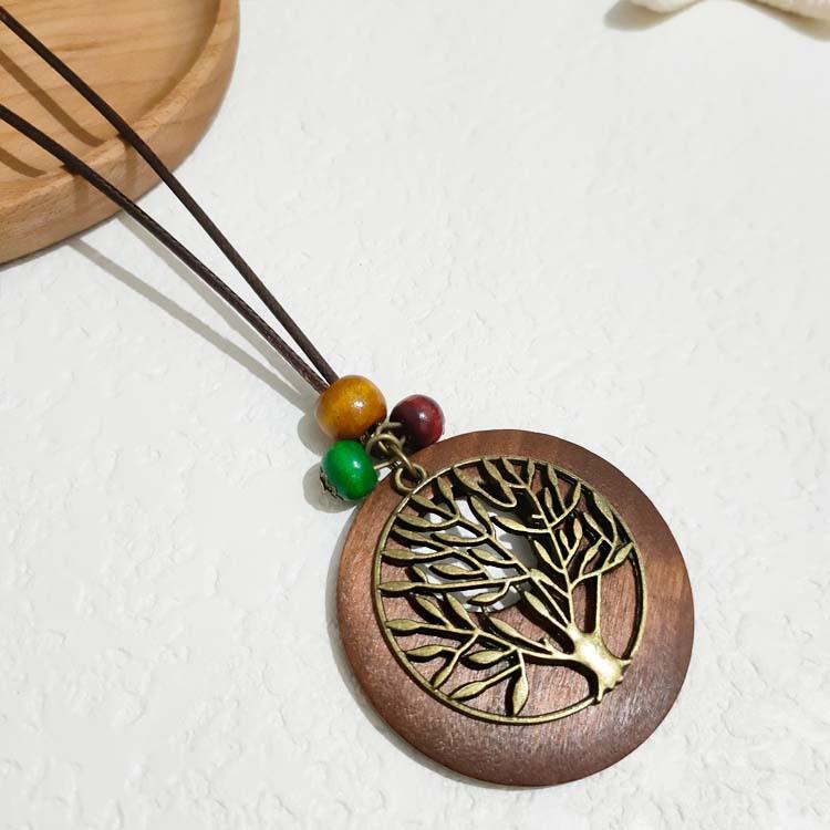 

New Chinese retro wooden woven rope long sweater chain, bohemian leaf versatile women s necklace