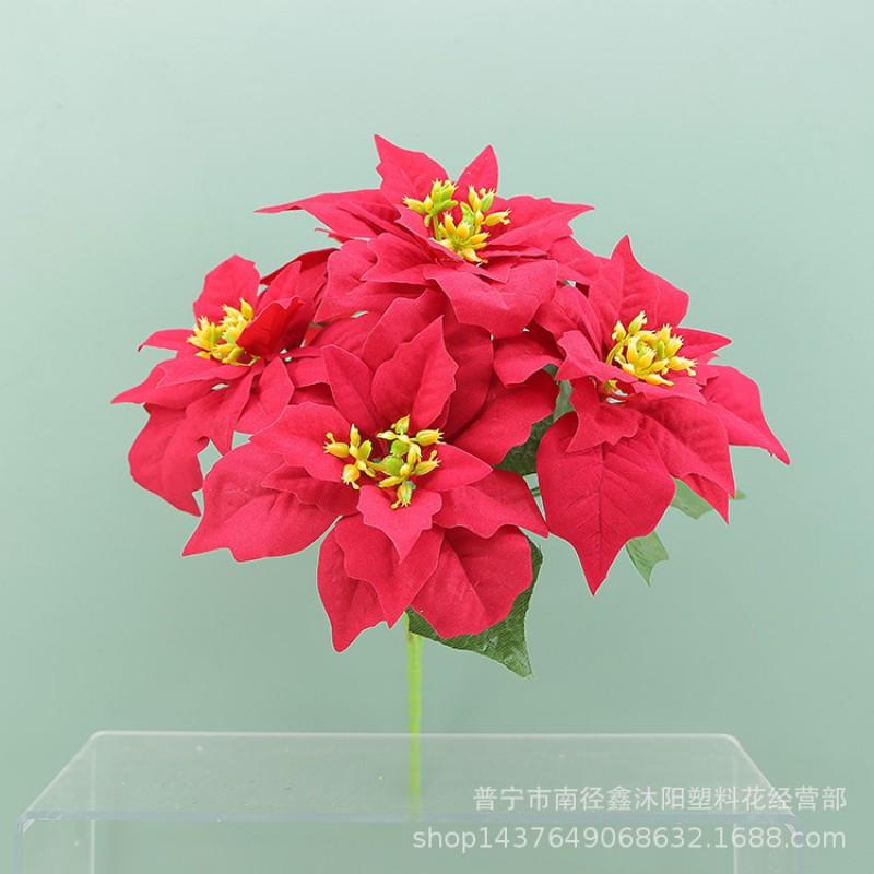 Artificial Poinsettia Silk Flower 5-Head Christmas Decor Home Holiday Party Wedding