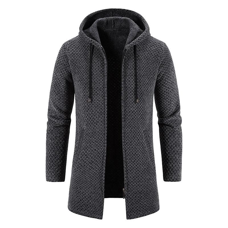 Winter Herren Plüsch Dick Mittel Lang Strickjacke Gestrickter Pullover Reißverschluss Cardigan Kapuze
