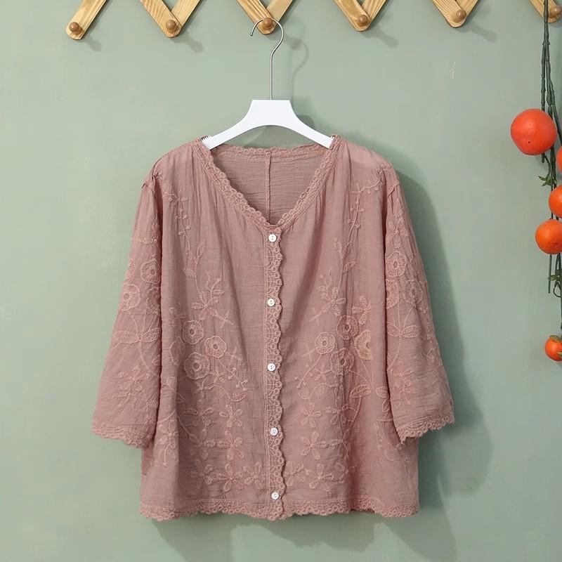 

DIMANAF 2025 New Summer Shirt Women Lace Blouse Short Basic Tops Tees Casual Loose White Tees One Size рожевий