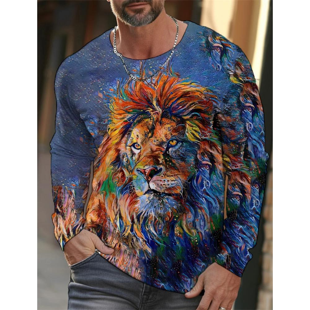 Lion 3D Digital Printed Men's Fashion Trend Round Neck Long Sleeved T-shirt