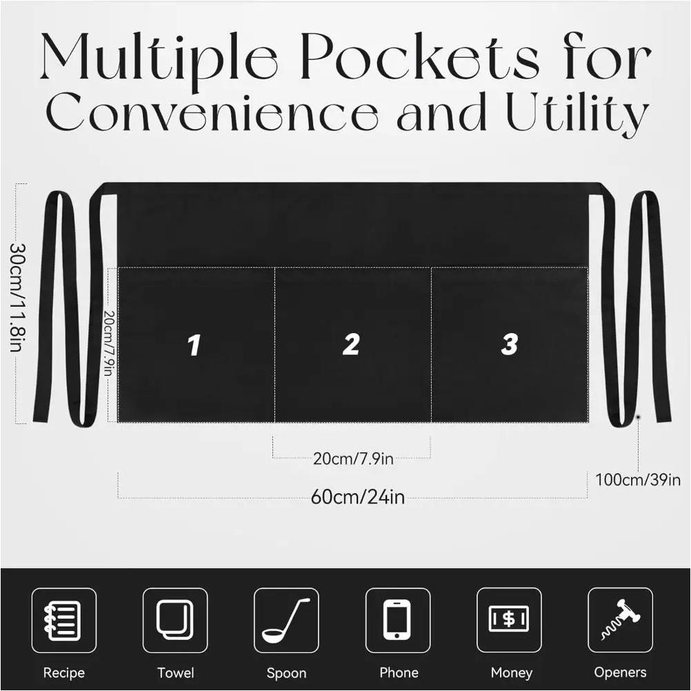 3 Pockets Black Waist Half Short Apron Restaurant Waiters Chef Aprons Cafe Shop BBQ Hairdresser Bar Aprons Cleaning Supplies