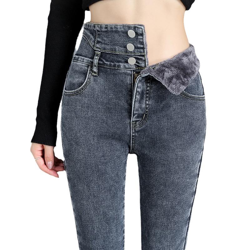 High-Waist Skinny Velvet-Lined Jeans - Women's Casual Japanese Korean Style, Autumn/Winter 2025.