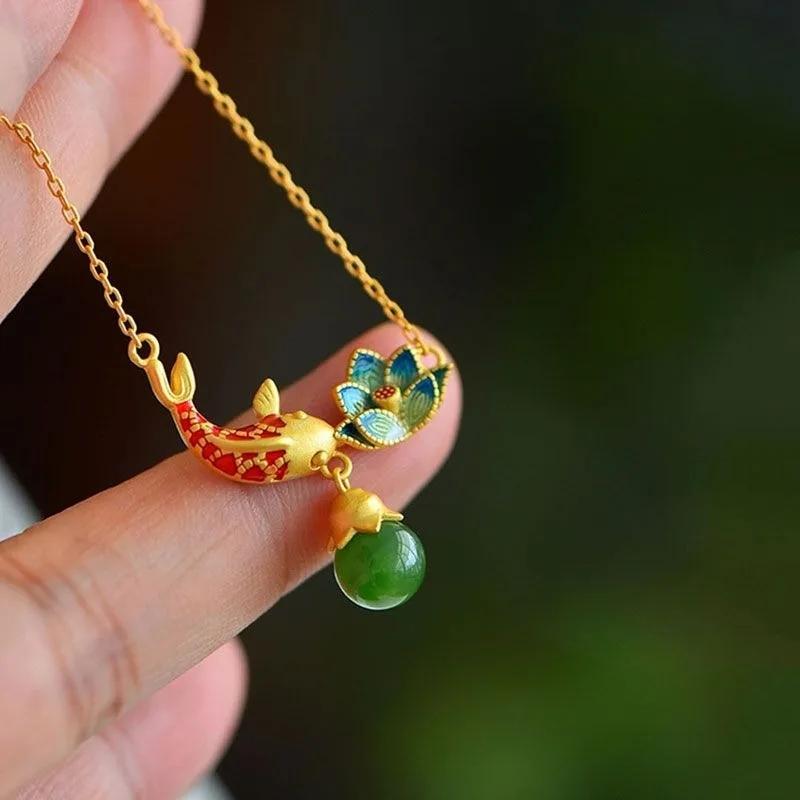 Natural An Jade Necklaces Enamel Fish-Shaped Lotus Ancient Gold Craft Pendant Light Luxury Chinese Style Retro Charm Jewelry