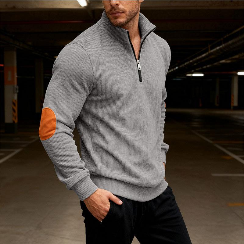 New Men's Autumn Casual Corduroy Solid-Colour Elbow-Patch Zip-Up Hooded Sweatshirt with Stand-Up Collar