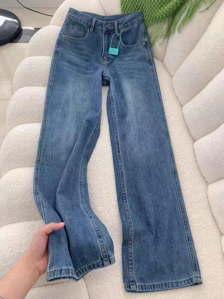 Women's Retro Blue High-Waist Straight-Leg Jeans - Versatile Slimming Fit for Spring and Autumn
