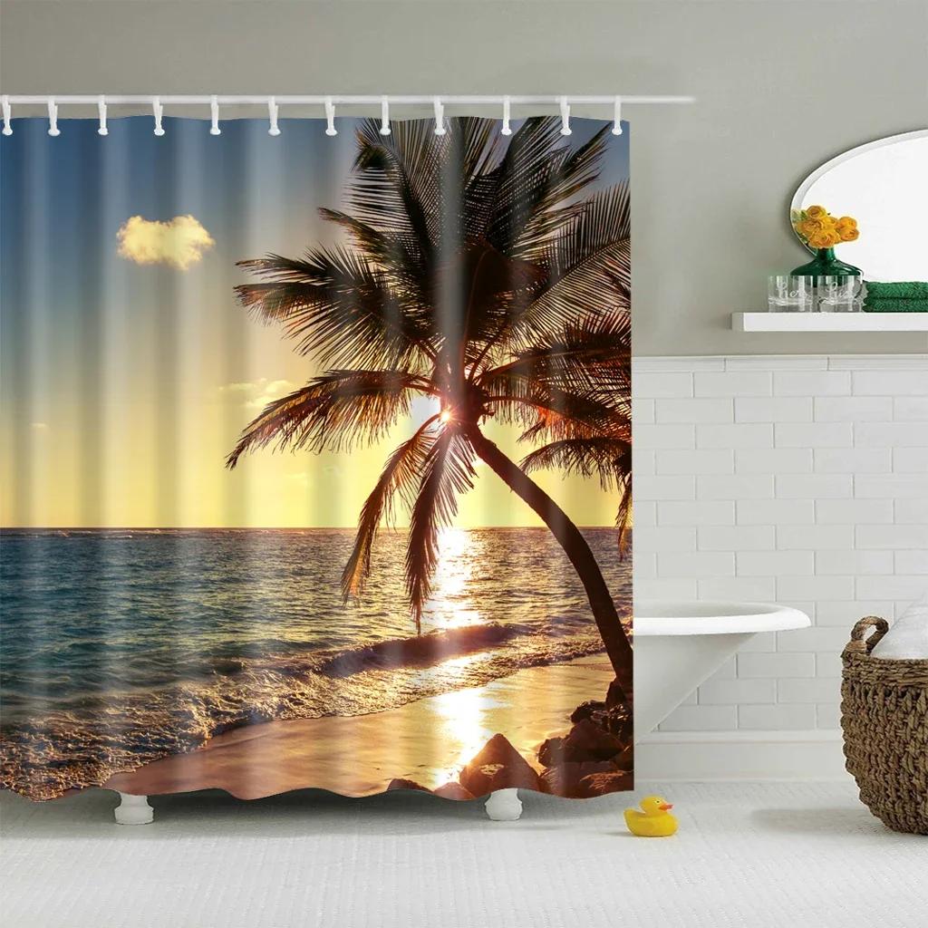 Blue Sky Beach Shower Curtain Modern Scenery Print Bathroom 3D Blackout Curtain Large 180x200cm for Bathroom