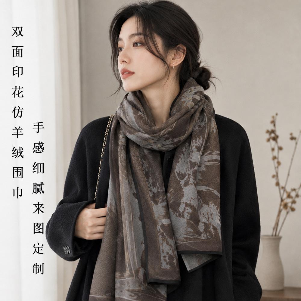 Customized model, new autumn and winter double-sided printed imitation cashmere scarf, warm retro style outer cape, large shawl.