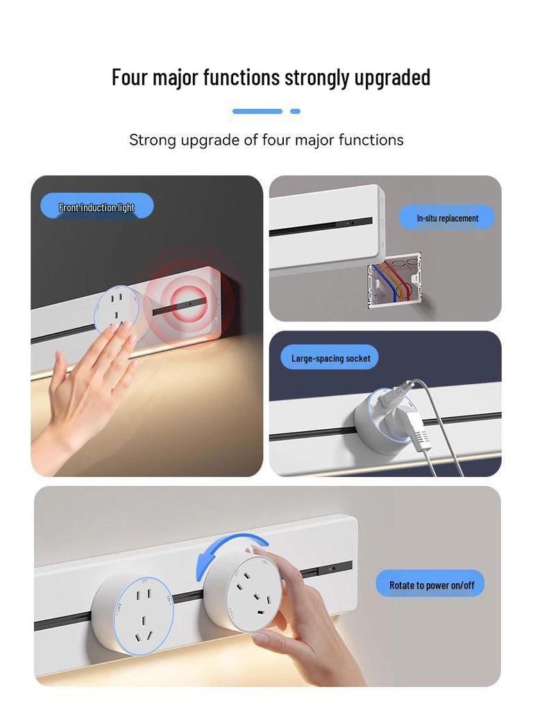 Movable Sliding Track Power Strip with Sensor Light for Kitchen & Dining Room