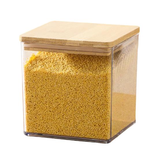 

Большой квадратный герметичный пластиковый контейнер для хранения муки и сахара, банка для еды с деревянной крышкой для муки, сахара, печенья, риса, кофейных зерен, кухонный шкаф S