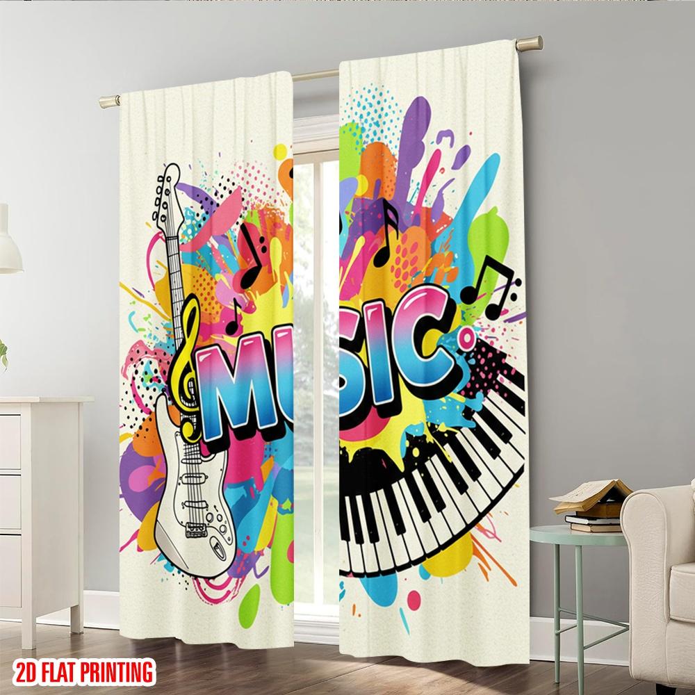 Set Of 2 Flat Printing Curtains Vibrant Music Festival Graphic Polyester Without Electricity Party Decorations Perfect Curtain