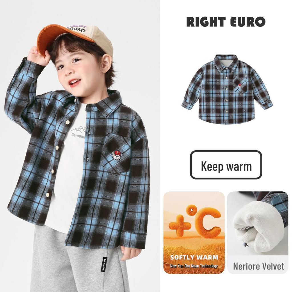 European Boys' Fleece-Lined Plaid Shirt - Autumn/Winter 2025 Kids' Thickened Top