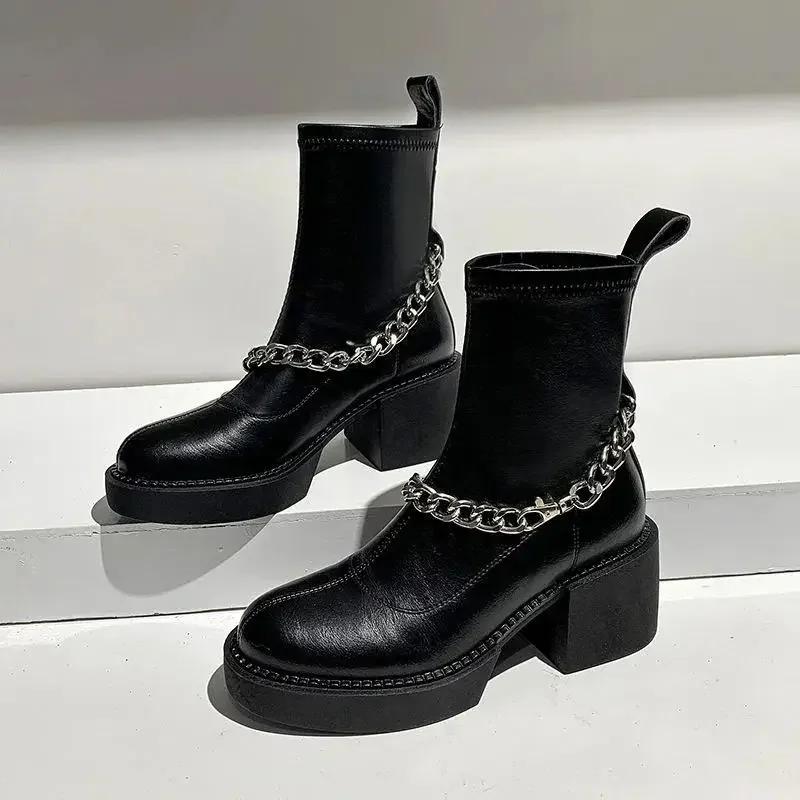 Fashion Ankle Boots for Women Black Round Toe Heeled Very High Heels Booties Sale Y2k Chic and Elegant Autumn Footwear Woman Short Shoes
