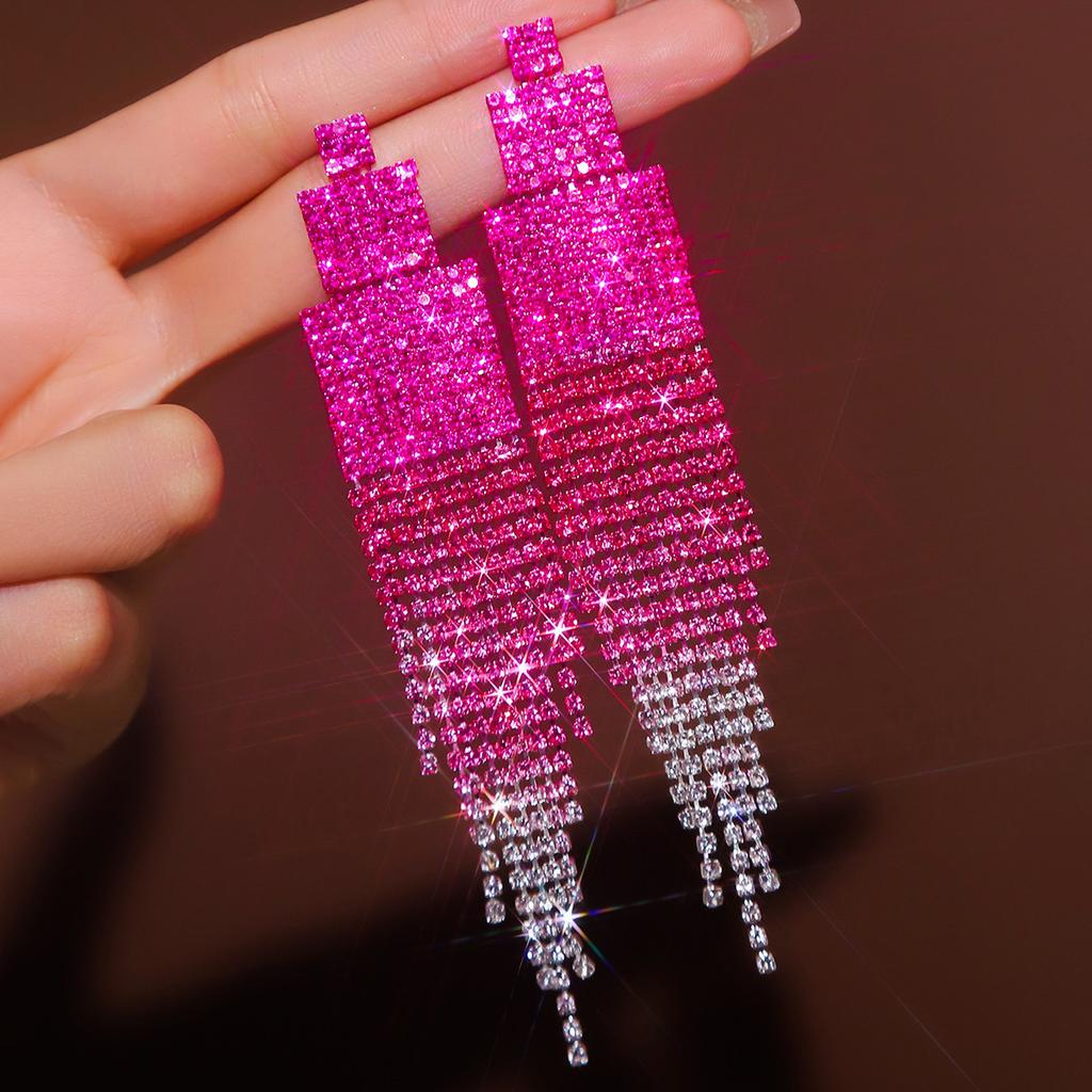 Color Diamond-Set Long Fringed Earrings, Heavy Industry Exaggerated Design Earrings, Fashion Earrings