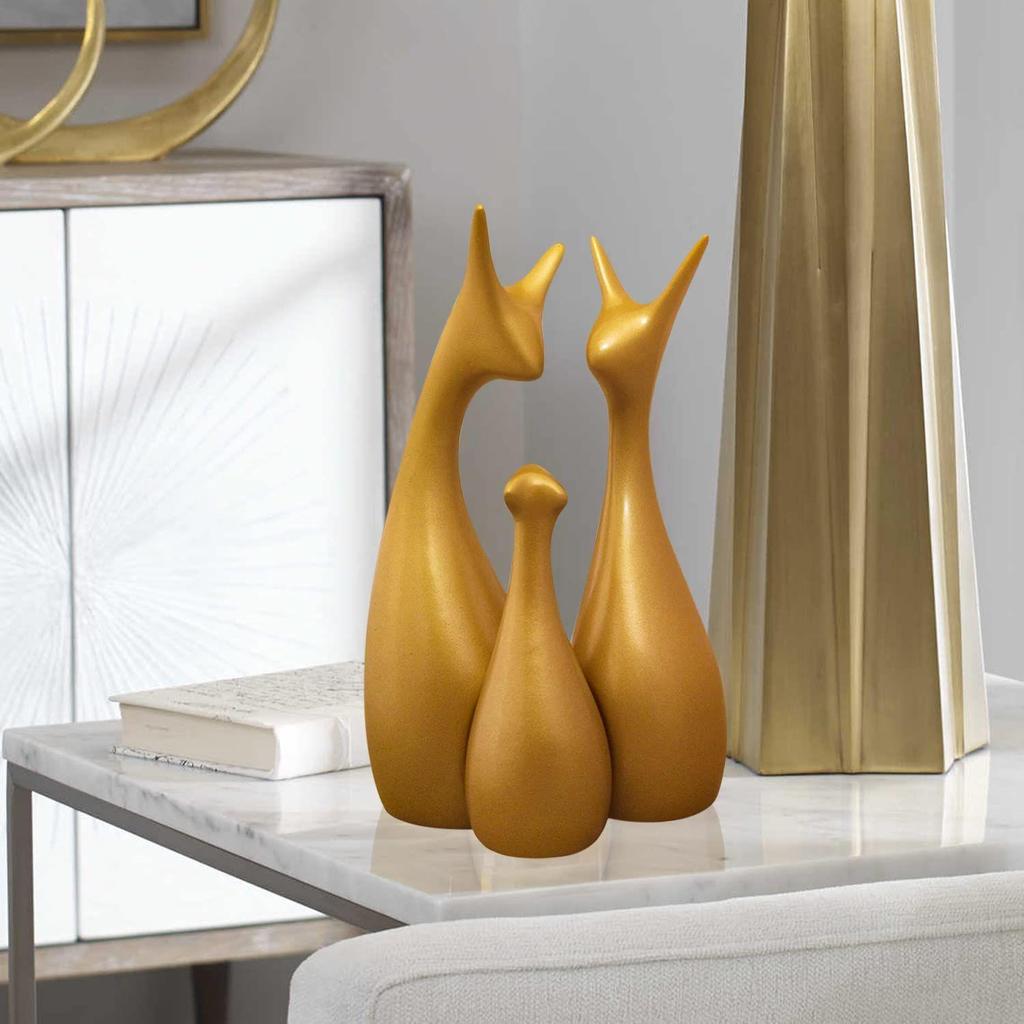 Muted Metallic Matte Gold Home Decor Lucky Deer Family Ceramic Figurine | Launched for The First Time In India - (Set of 3, Gold)