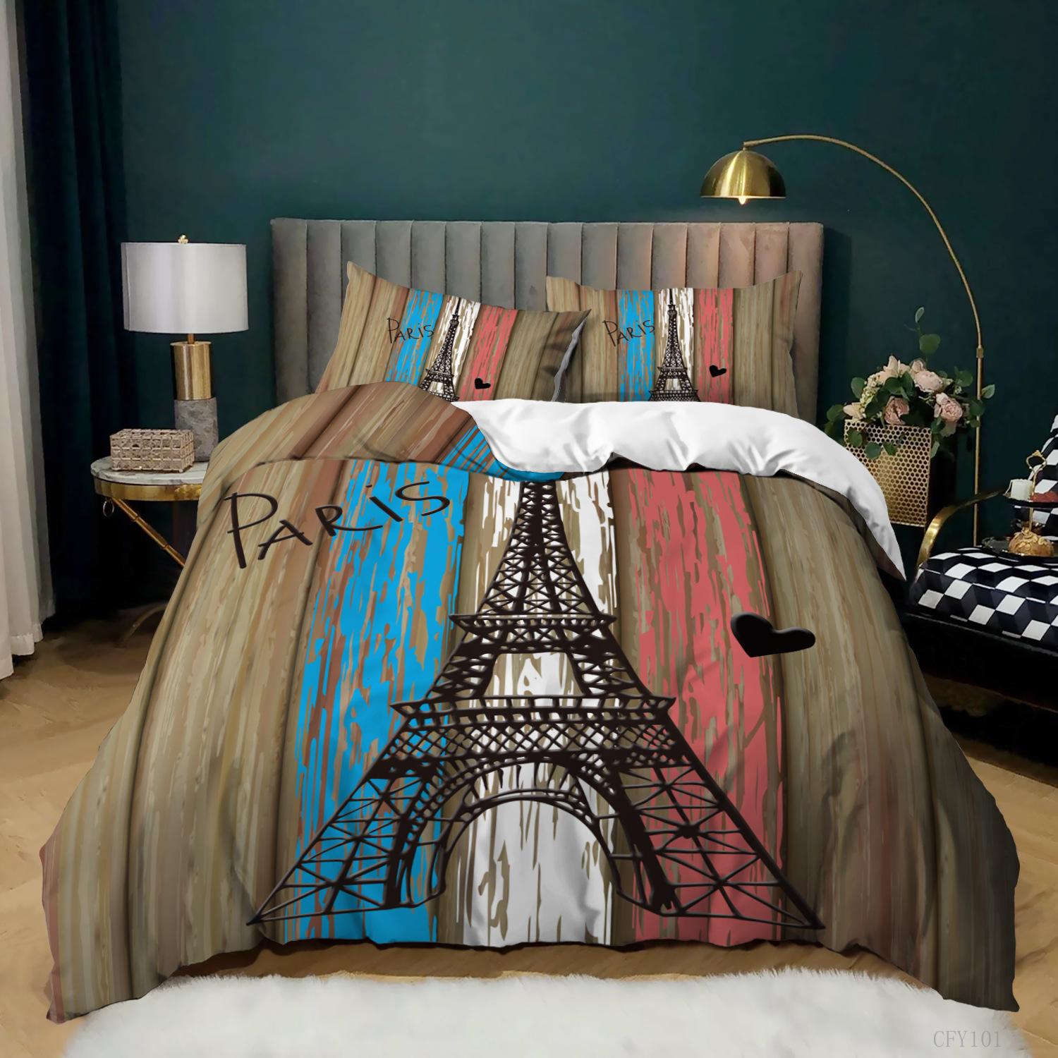 

Eiffel Tower Duvet Cover King Size Blue White Red Paris Bedding Set Polyester World Famous Architectural Quilt EU single(135x200cm)