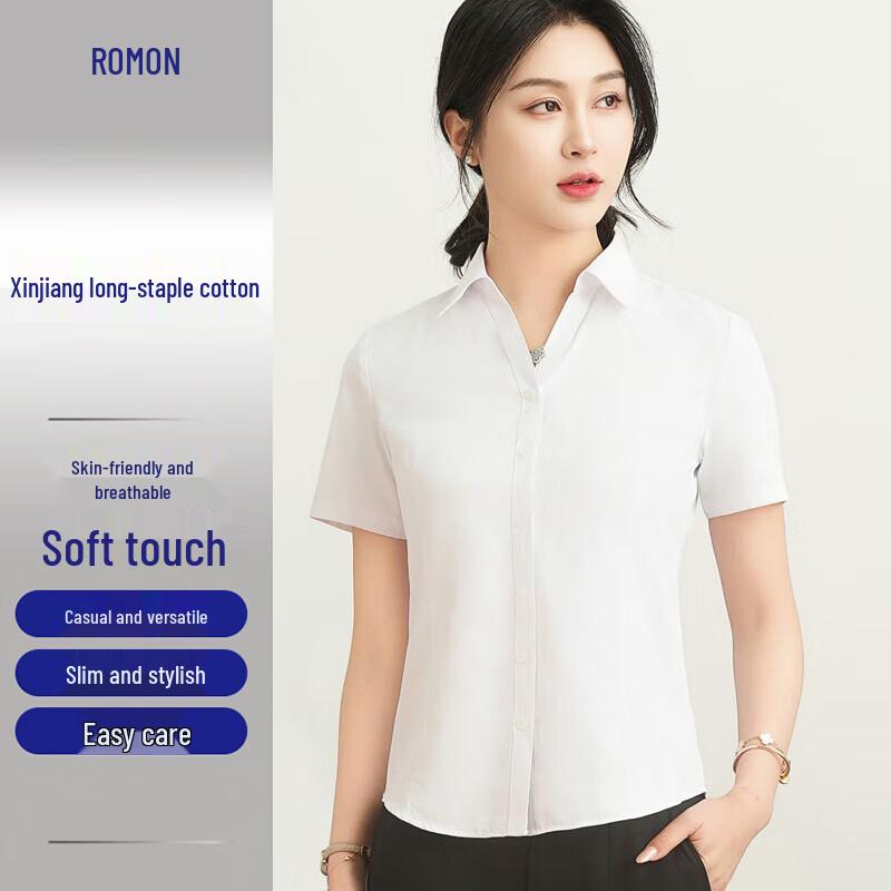 Romon Women s V-Neck Slim Fit Short-Sleeve Cotton Blend Shirt 35