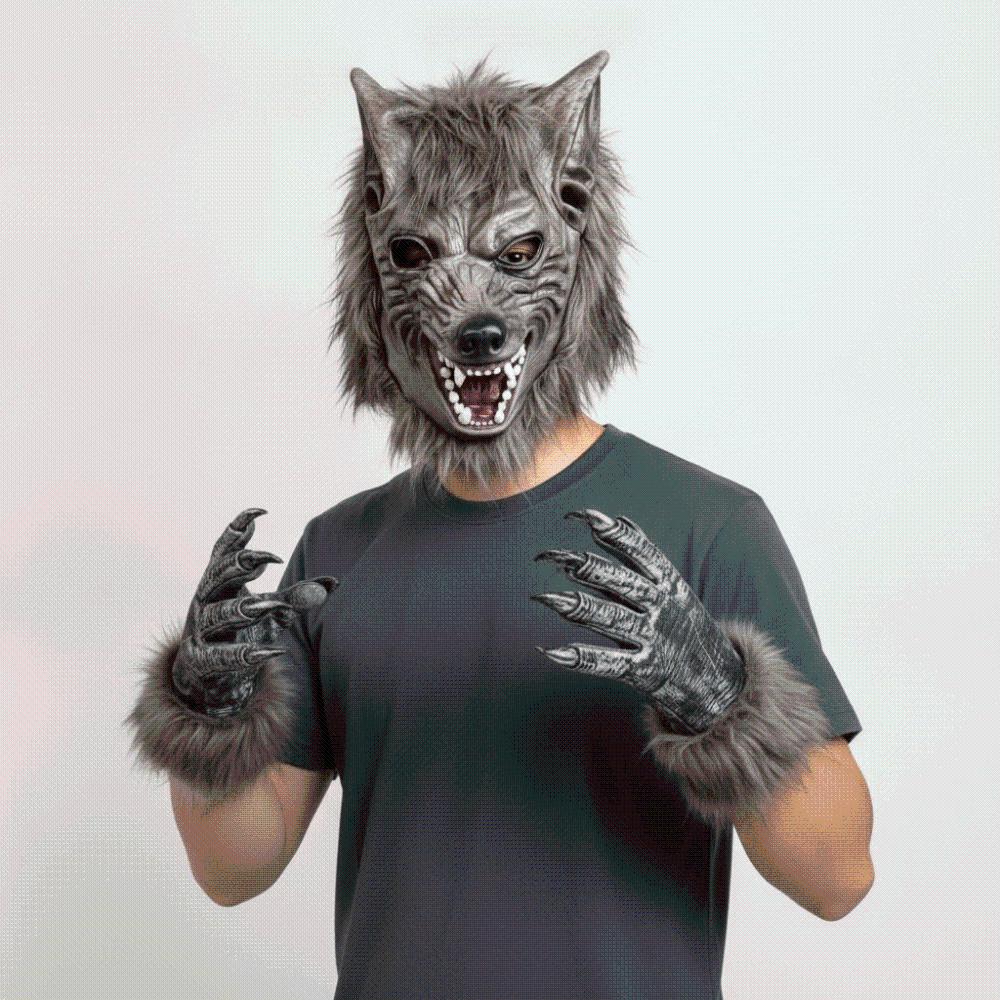Realistic Werewolf Mask Faux-fur Furry Monster Claws Masquerade Headpiece Carnival Night