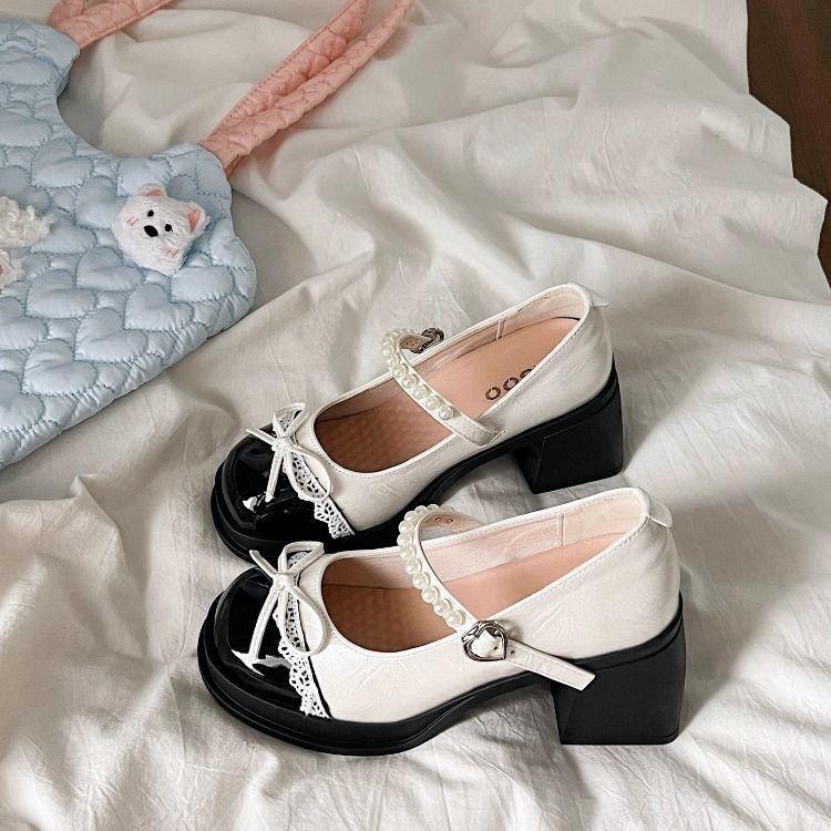 Thick Heel Sweet Bow Light Mouth Single Shoes Summer One-word Buckle Mary Jane High Heels