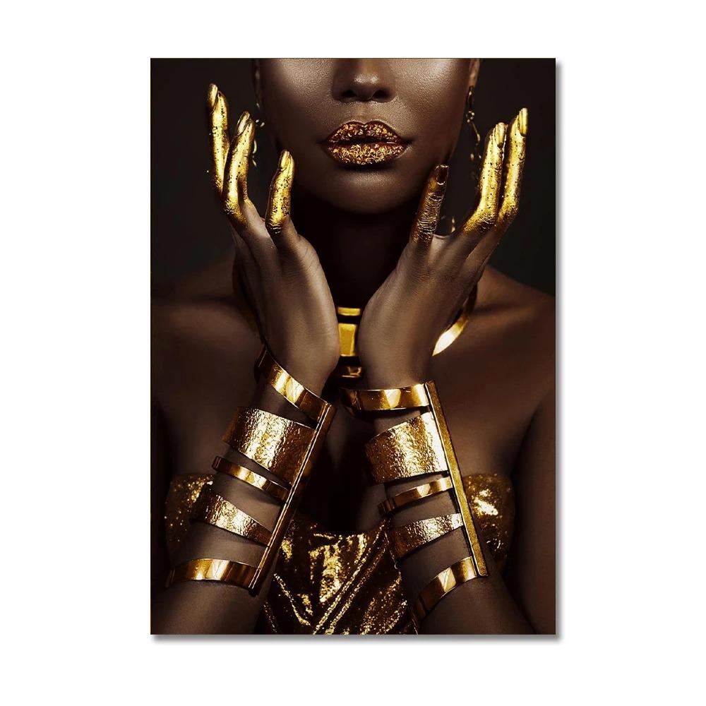 African Women Classic Black Gold Gestures Posters and Prints Female Portraits Canvas Painting Wall Art Pictures for Home Deco