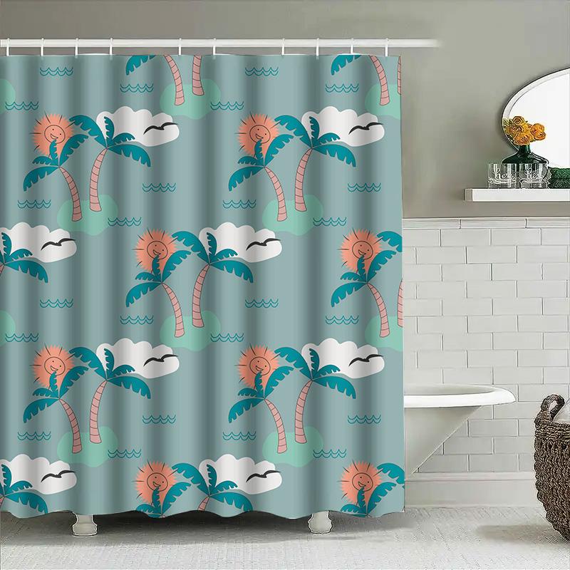 Beach Palm Tree Sun Shower Curtain Waterproof Home Decor For Bathtub Bathroom Cute Blue Floral Design