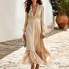 Women's V Neck Long Sleeve Polka Dot Maxi Dress with Ruffle Waist for Vacation