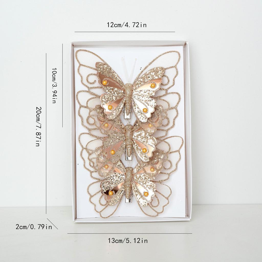 3PCS simulation double layer sequin feather butterfly pendant Christmas tree decoration pendant combination set  embellishment