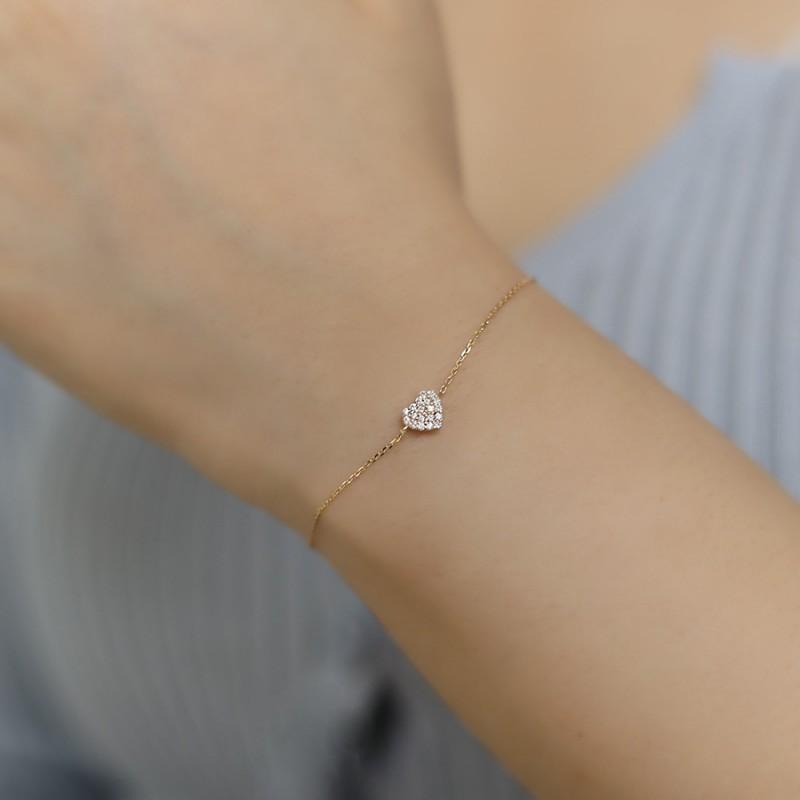 

925 Sterling Silver Plated 14K Gold Pavé Zirconia Heart Bracelet for Women Korean Delicate Jewelry Wrist Jewelry Gold
