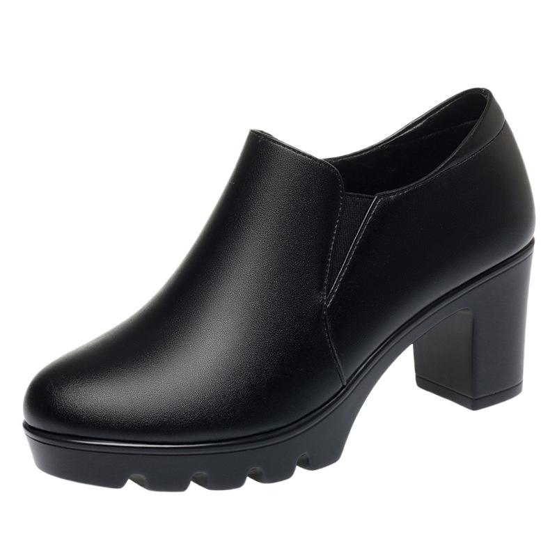 Round Toe Deep Mouth Single Shoes High Heels Thick Heels Versatile Spring Autumn Thick Sole Waterproof Platform Leather Shoes