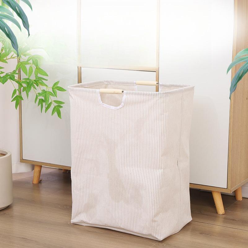 Foldable Fabric Dirty Clothes Basket Household Folding Portable Laundry Basket Bathroom Waterproof Storage Basket Wooden Handle