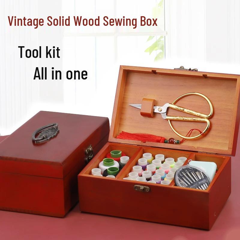 Sewing Kit with Thread, Needle, and Cross-stitch Tools in Solid Wood Pouch