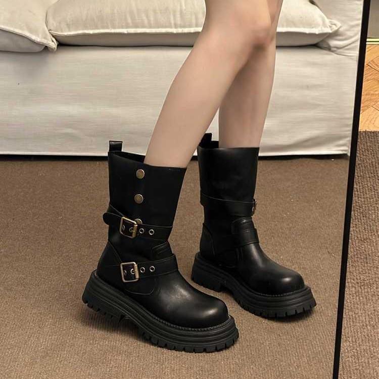 British Martin boots women's new spring and autumn versatile retro two-wear medium boots thick-soled black boots
