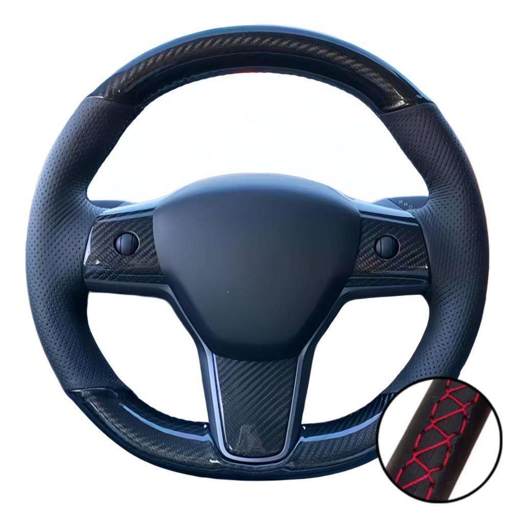 Car Accessories Hand Stitched Black Non-slip Carbon Fiber Leather Model Y 2017- Steering Wheel Cover For Tesla Model 3